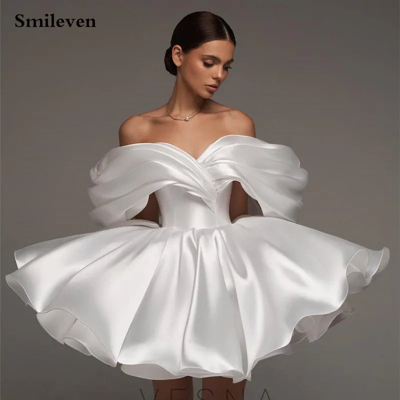 Smileven A Line Soft Satin Off The Shoulder Short Wedding Dress