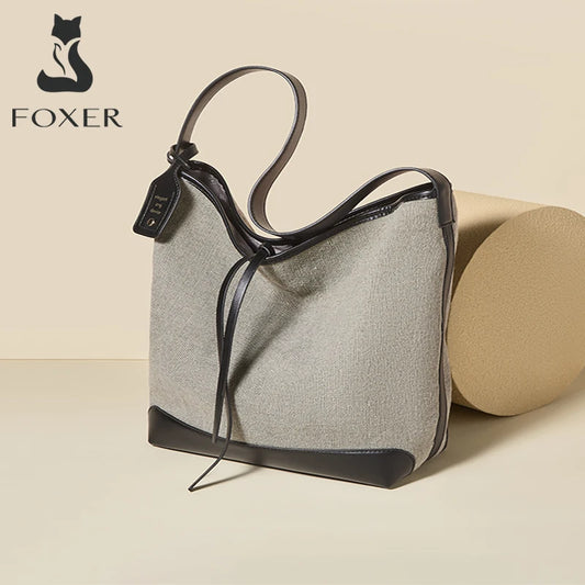 FOXER Fabric Tote Bag for Women's 2026 Spring Summer Versatile Large Capacity Female Shoulder Handbag Canvas Bag