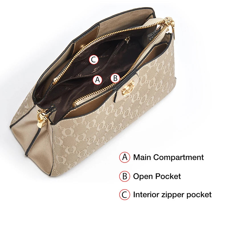 FOXER Women's Shoulder Bag Split Leather Lady Crossbody Bag Fashion Monogram Print Large Capacity Handbag Purse