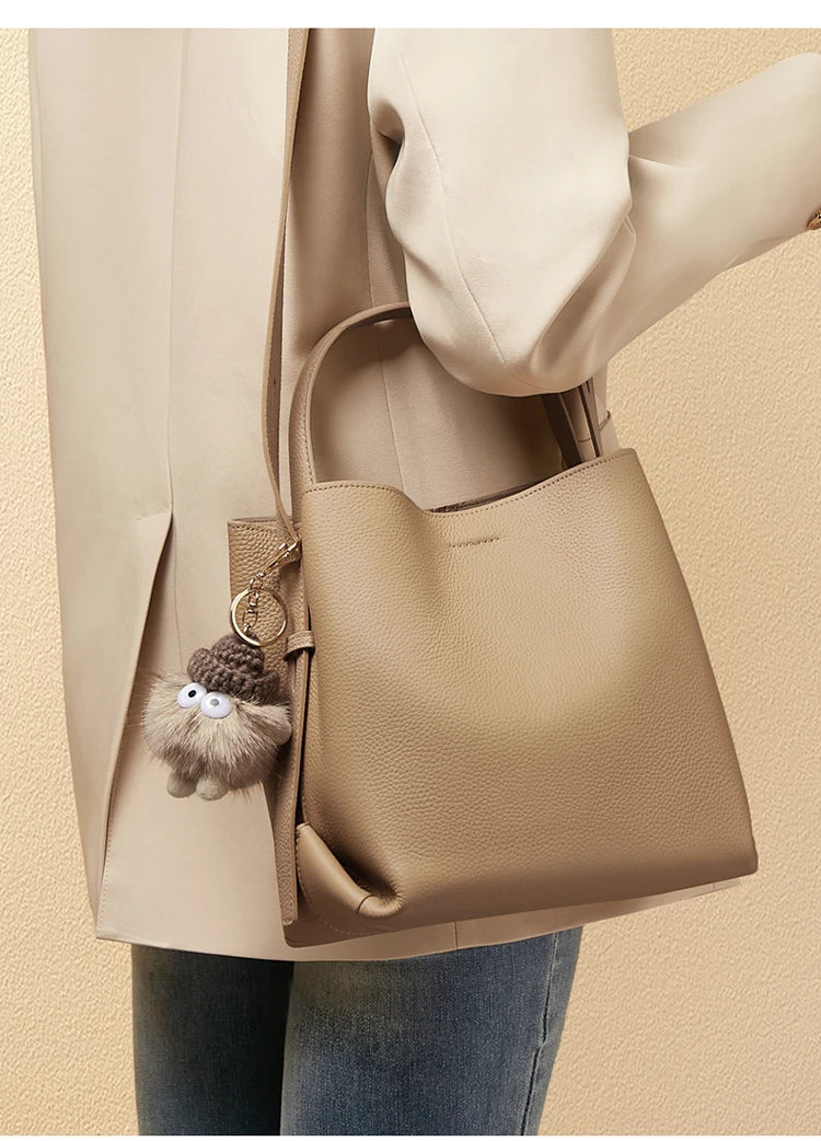 FOXER Soft Leather Bucket Bag for Women Simple Genuine Leather Shoulder Bag Female Casual Handbag Daily Work Crossbody Purse