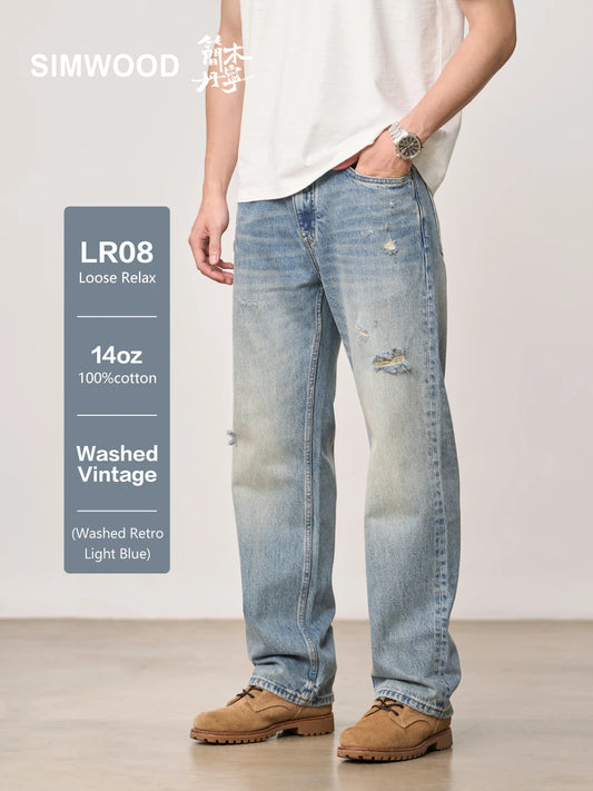 SIMWOOD High Standard 2026 Summer New Loose Relax 14oz Fabric Hole Ripped Jeans Men Vintage Streetwear Fashion Denim Pants