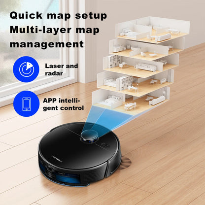 Liectroux M70 Pro robot vacuum cleaner and mop on hardwood floor with cleaning brush and control panel visible.