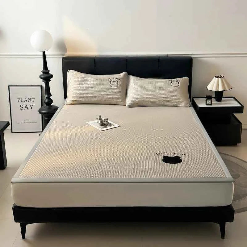 New Cooling Sensation Rattan Bed Mat Embroidery Bear Summer Pad Bed Breathable Foldable Cool Mats and Pillowcase Bedsheet Set