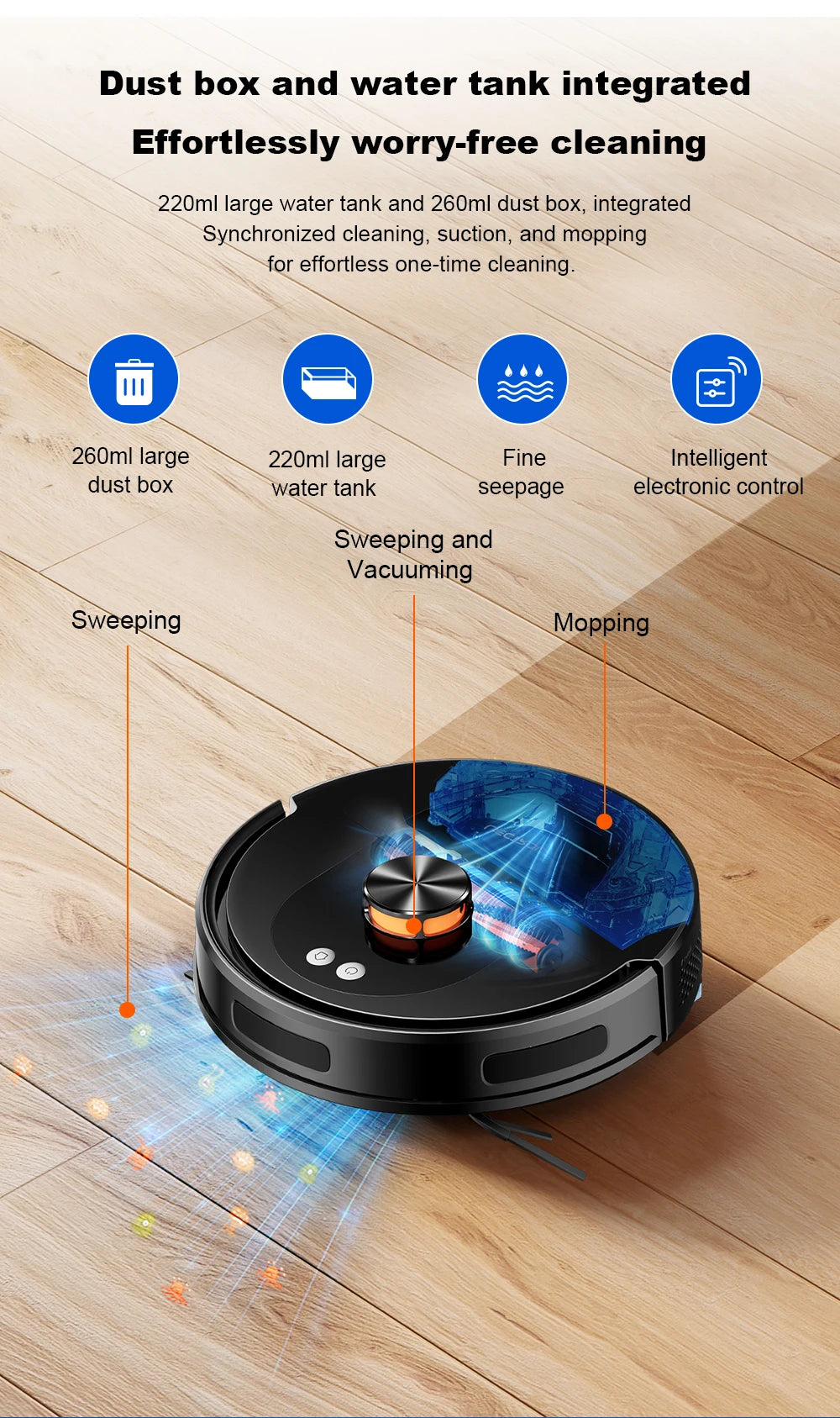 Liectroux T9 robot vacuum cleaner in action, cleaning hardwood floor with sleek design and modern features.
