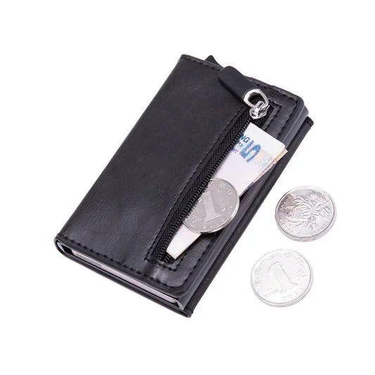 DIENQI Anti Rfid ID Card Holder Case Men Leather Metal Wallet Male Coin Purse Women Mini Carbon Credit Card Holder With Zipper