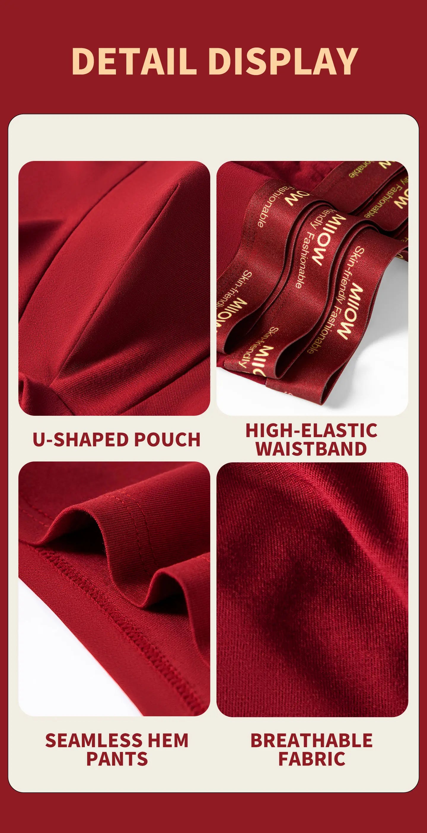 MiiOW 3Pcs Men's Antibacterial Cotton Boxers Lucky Red Breathable Underwear - ShopHub
