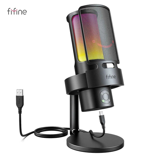 FIFINE Ampligame A8 PLUS USB MIC with Contrallable RGB,3 Capsules 4 Polar Patterns,Gain Dials,a Live Mic Jack & a Mute Touch