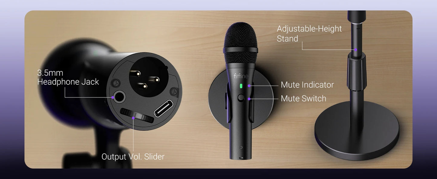 Black wireless microphone and stand kit shown with labeled callout annotations on a wood-textured panel, including a 3.5mm headphone jack, output vol slider, adjustable-height stand, mute indicator, and mute switch.