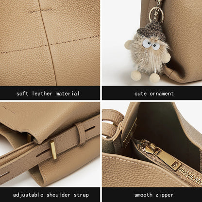 FOXER Soft Leather Bucket Bag for Women Simple Genuine Leather Shoulder Bag Female Casual Handbag Daily Work Crossbody Purse