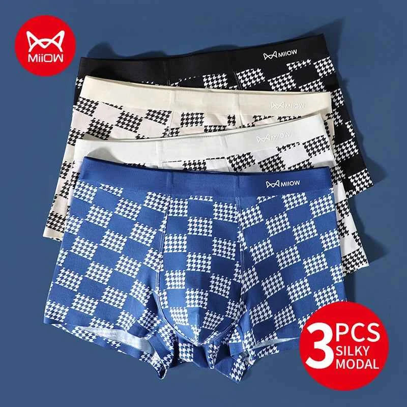 MiiOW 3Pcs Modal Men's Panties Cotton Antibacterial Crotch Man Underwear Autumn Winter Softness Plaid Men Boxershorts Underpants