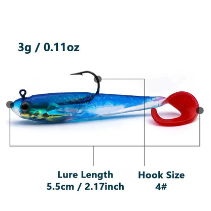 Habicare soft fishing lures with lead head jigs in various colors, designed for bass and trout fishing, displayed in multiple quantities.