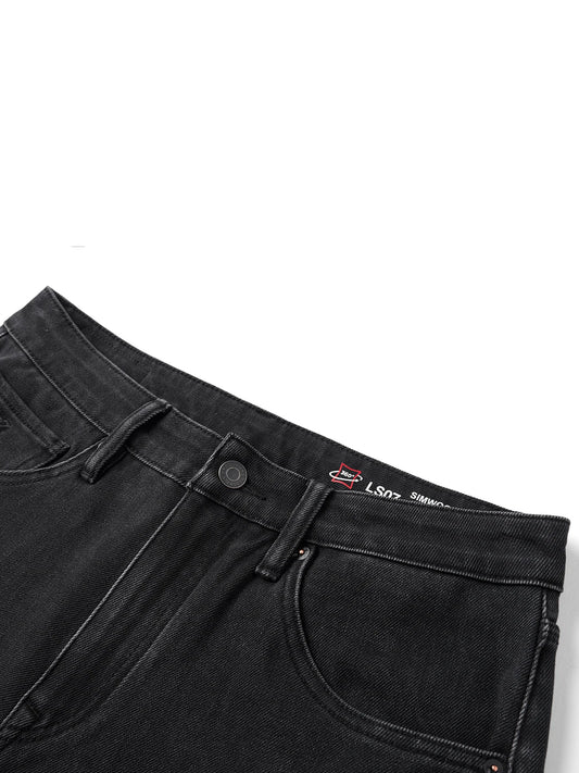 SIMWOOD 2026 Autumn New Loose Straight 13oz Elastic Fabric Jeans Men Washed Vintgae Basic Black Denim Trousers