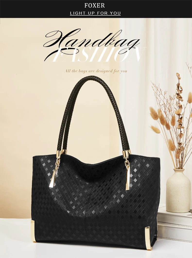 FOXER Genuine Leather Lady's Handbag Elegant Luxury Design Women Shoulder Bag Large Capacity Tote Bag Best Gift for Mom,Wife