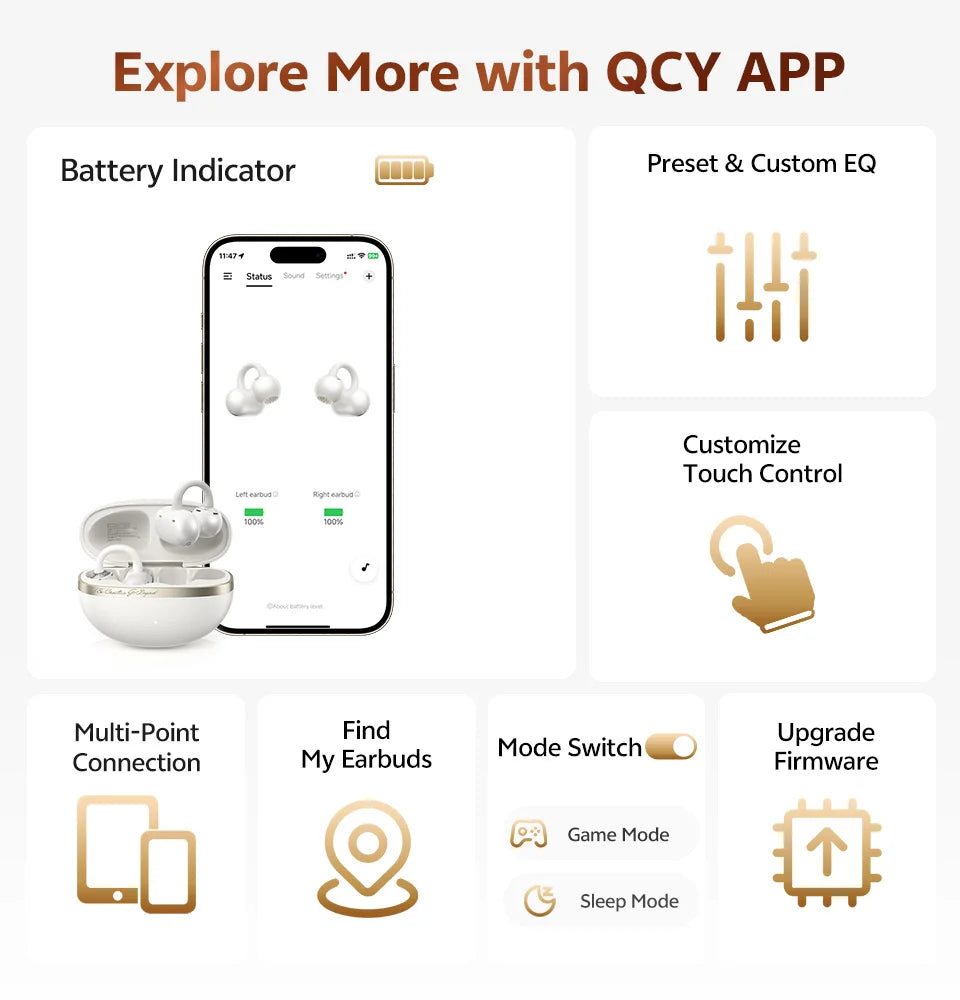 QCY CT06 Open Ear Wireless Earbuds with 4-Mic Calls and Bass Boost - Bluetooth 6.0 Clip-On Sports Headphones with 35 Hours Playtime - ShopHub