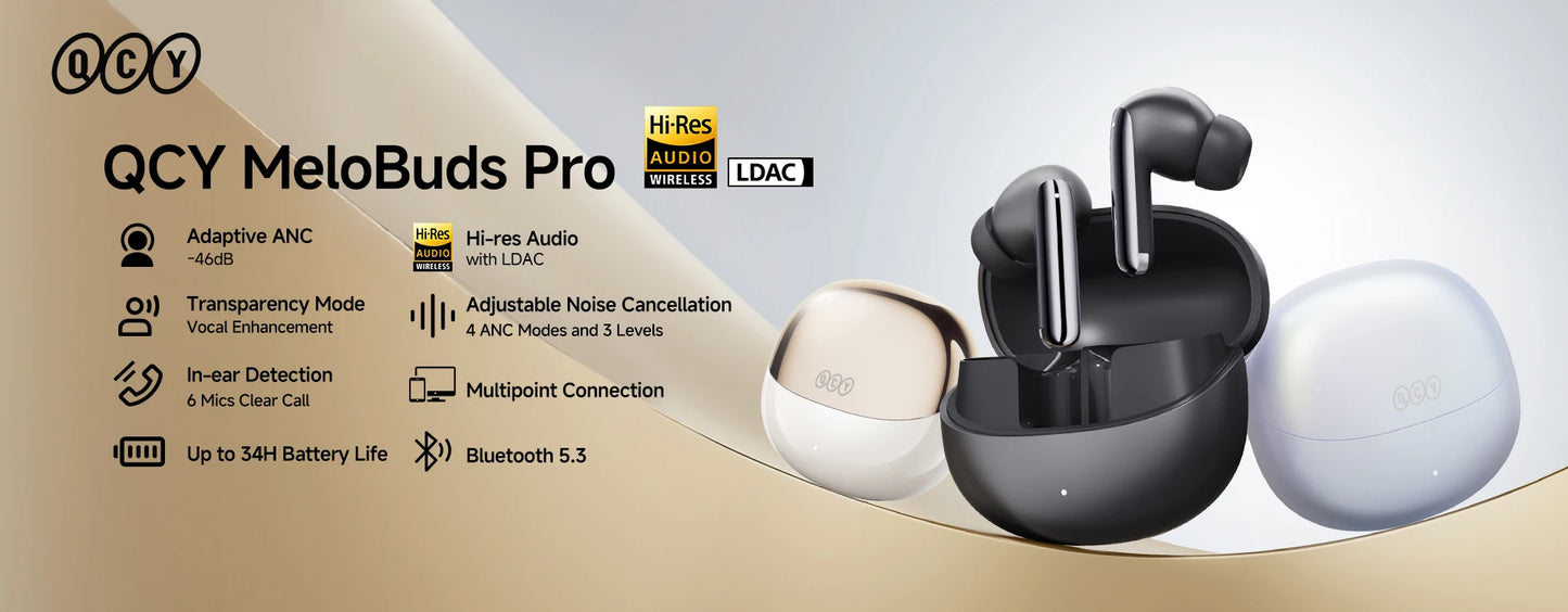 QCY MeloBuds Pro ANC Earphones with 46dB Hybrid ANC, 6 Mics, Hi-Res LDAC, and 34H Playtime - ShopHub