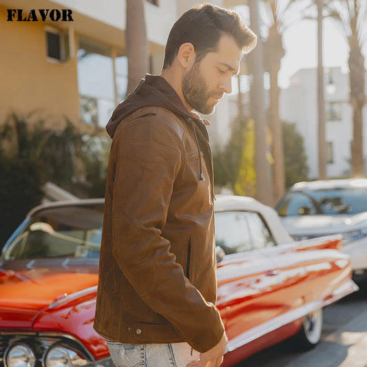 FLAVOR Men's Hooded Leather Moto-Style Jacket