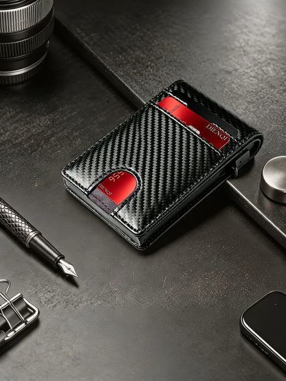 Carbon Fiber Wallet Magnetic Card Holder RFID Automatic Pop Up Case Id Bank Credit Cardholder Money Bag Bifold Wallets for Men