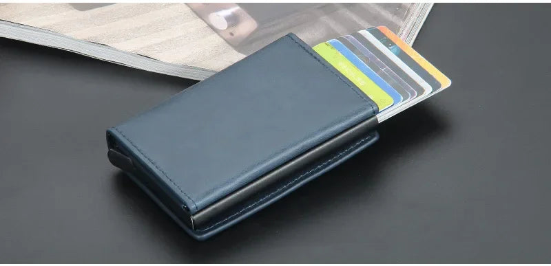 Magnetic RFID Blocking Credit Card Holder Men Wallets Anti Theft Aluminum Metal Pu Leather Small Pop Up Wallet Cardholder Case