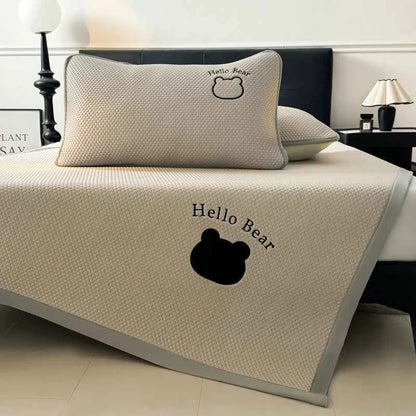 New Cooling Sensation Rattan Bed Mat Embroidery Bear Summer Pad Bed Breathable Foldable Cool Mats and Pillowcase Bedsheet Set