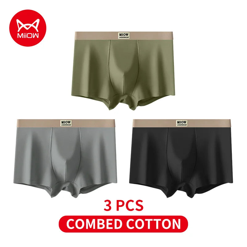 MiiOW 3Pcs Men's Cotton Underwear Antibacterial Breathable Crotch Soft Boxershorts - ShopHub