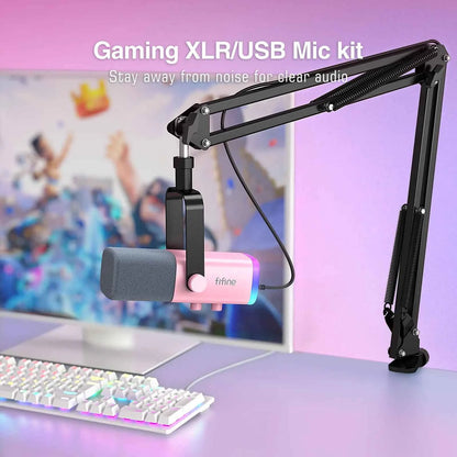 FIFINE Gaming USB/XLR Dynamic Microphone Kit with Gain Knob/RGB/Monitor,Boom Arm Mic Set for PC PS5/4 Mixer-AmpliGame Pink AM8TP