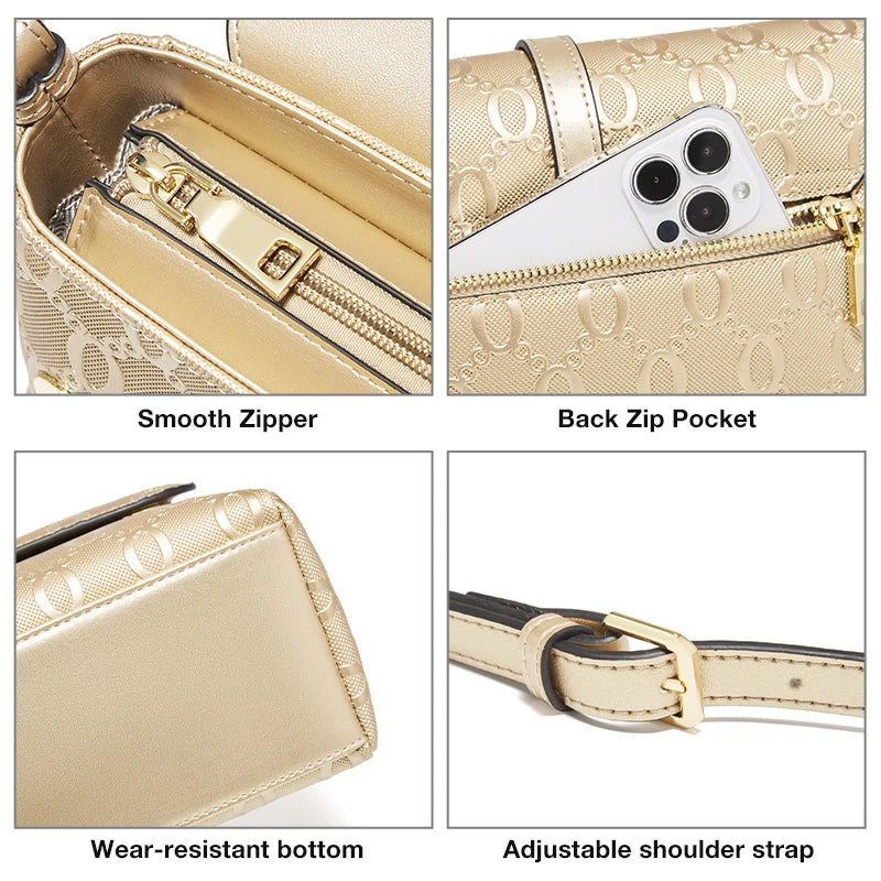FOXER Split Leather Women's Shoulder Bag Luxury Female Crossbody Bag Fashion Monogram Gold Embossing Bag for Commute & Travel