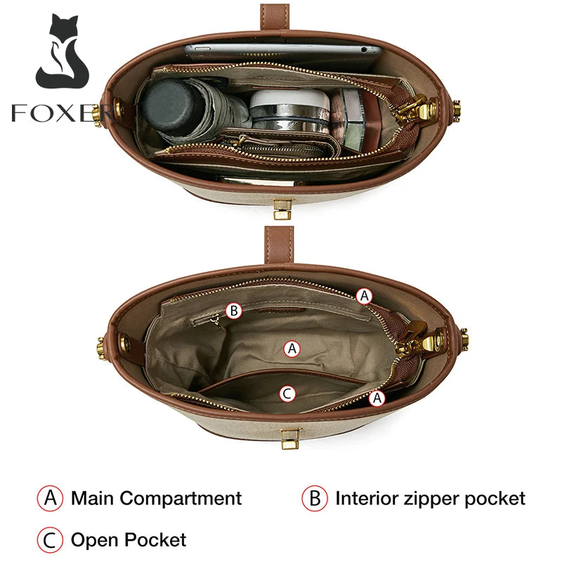 FOXER 2026 New Women's Handbag PVC Leather Lady Bucket Bag Fashion Shoulder Bag Light Luxury Best Gift for Wife,Lover