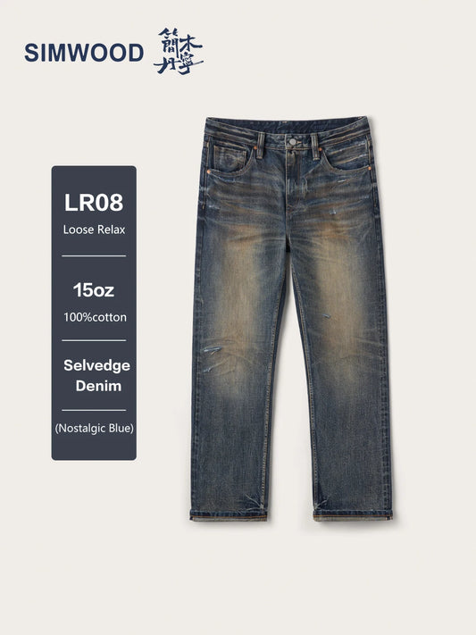 SIMWOOD High Standard 2026 Autumn Winter New Vintage Washed Selvedge Ripped Jeans Men Heavyweight 15oz Loose Relax Denim Pants