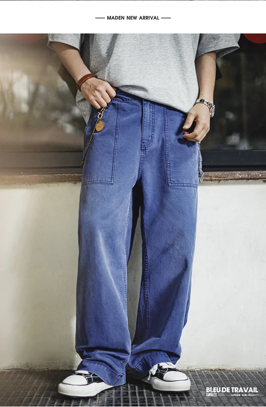 Maden Men‘s Vintage Washed Denim Jeans Blue Cotton Canvas Workwear Zipper Pants Loose Fit Casual Trousers for Spring and Autum