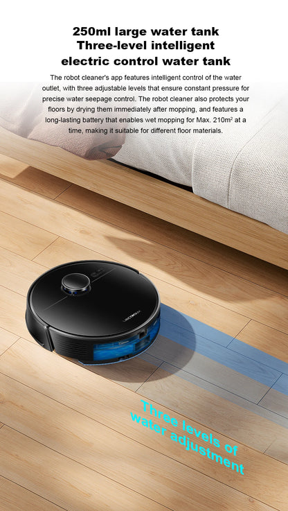 Liectroux M70 Pro robot vacuum cleaner and mop on a hardwood floor, featuring a sleek design and multiple cleaning modes.