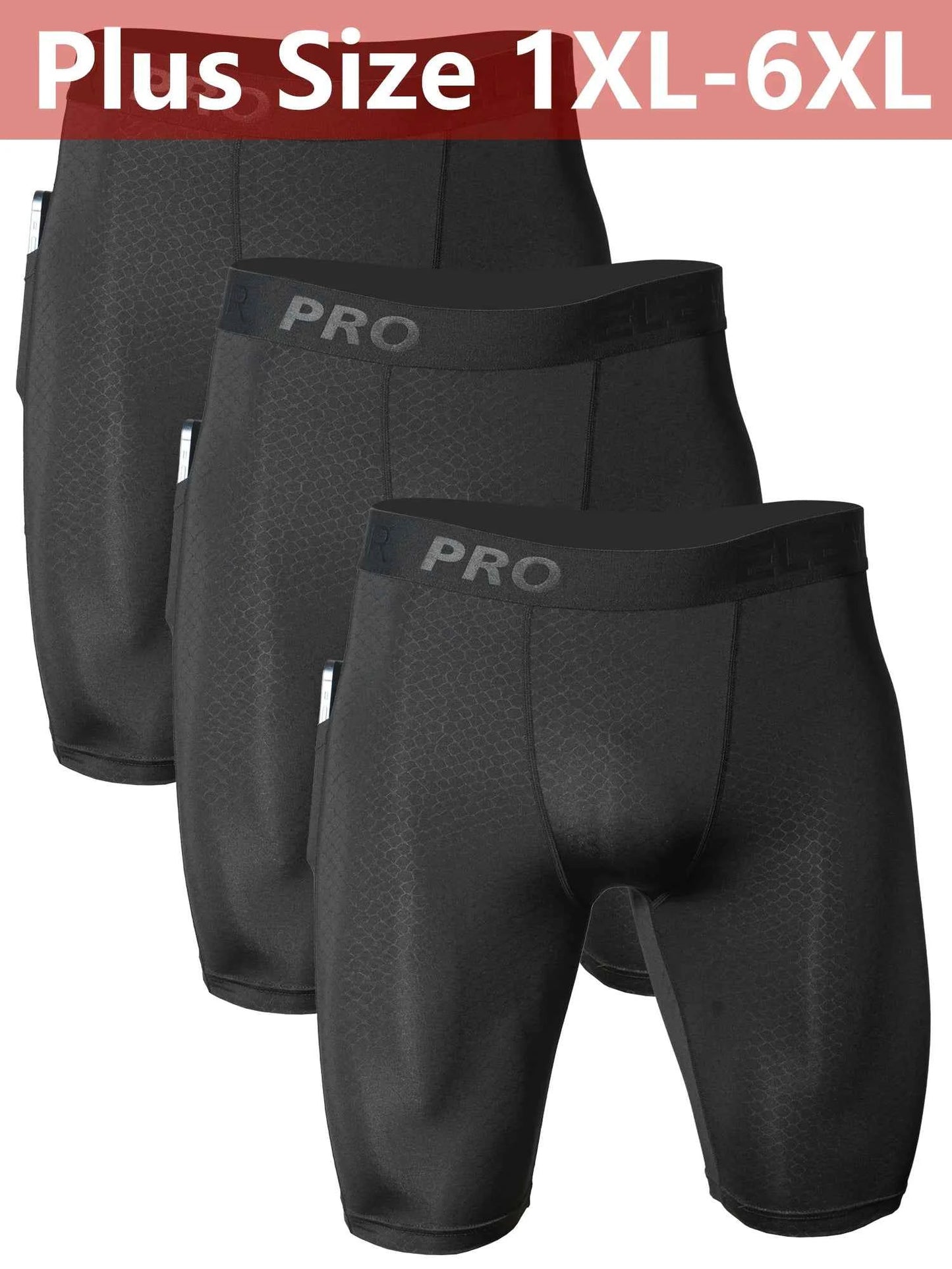 3pcs Men's Sports Underwear Plus Size with Side Pockets, Front Inner Pocket, Snake Pattern Embossed, 1XL-6XL