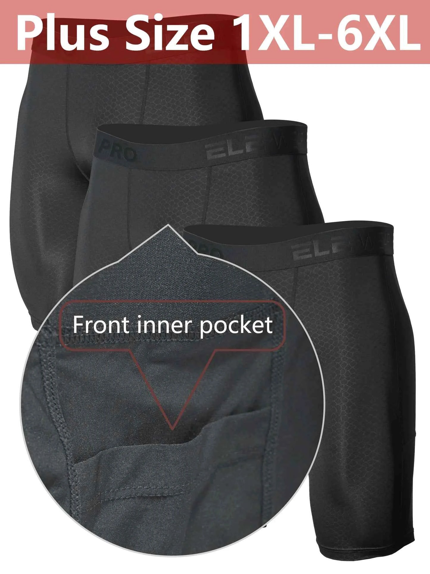 3pcs Men's Sports Underwear Plus Size with Side Pockets, Front Inner Pocket, Snake Pattern Embossed, 1XL-6XL