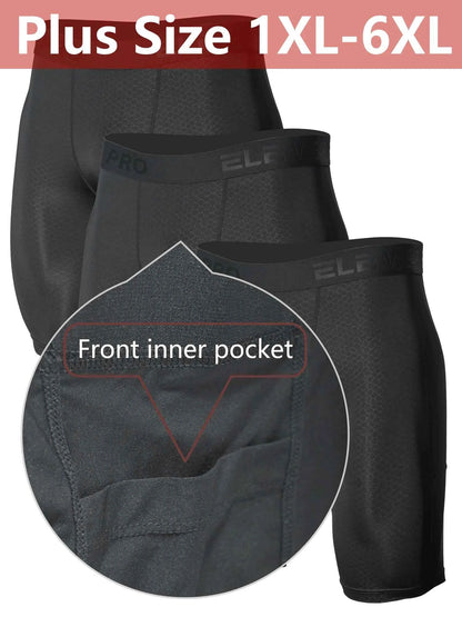 3pcs Men's Sports Underwear Plus Size with Side Pockets, Front Inner Pocket, Snake Pattern Embossed, 1XL-6XL