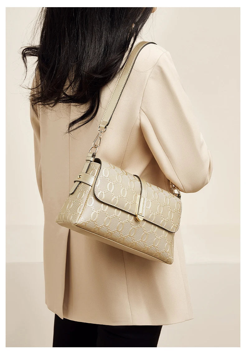 FOXER Split Leather Women's Shoulder Bag Luxury Female Crossbody Bag Fashion Monogram Gold Embossing Bag for Commute & Travel