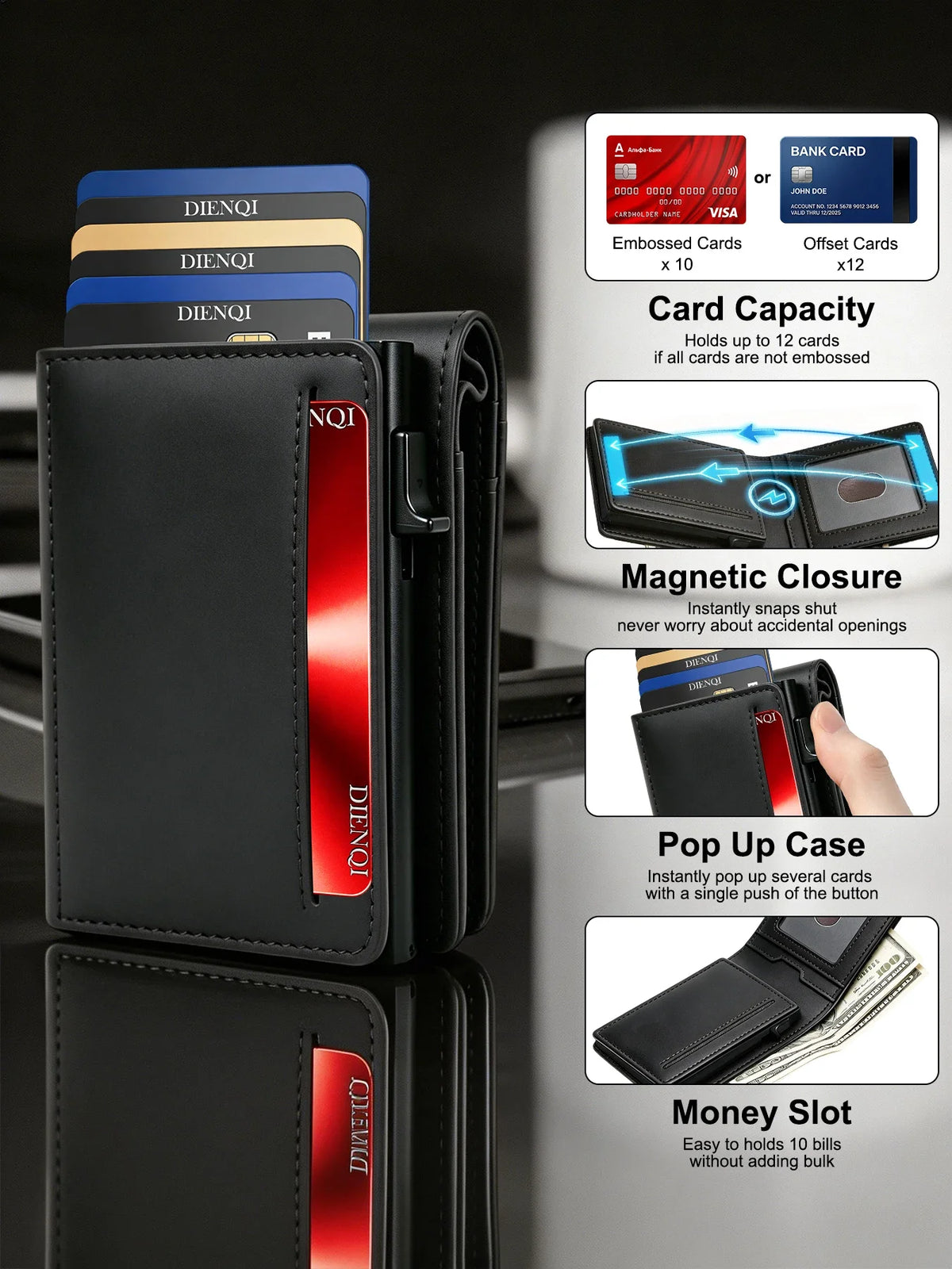 Carbon Fiber Wallet Magnetic Card Holder RFID Automatic Pop Up Case Id Bank Credit Cardholder Money Bag Bifold Wallets for Men