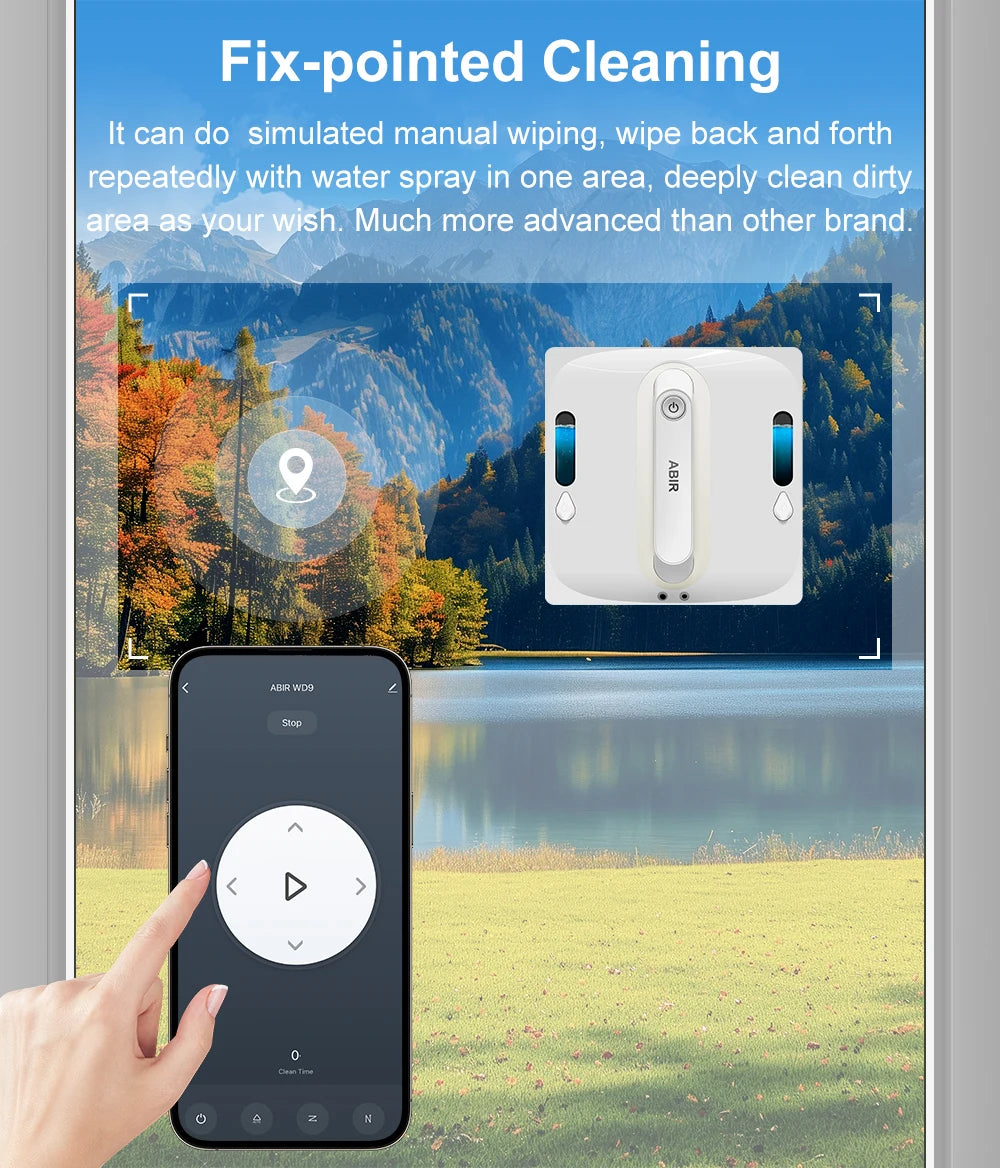 ShopHub NZ ABIR WD9 4-Way Robot Window Cleaner on glass, showcasing its sleek design and cleaning pads for efficient window cleaning.