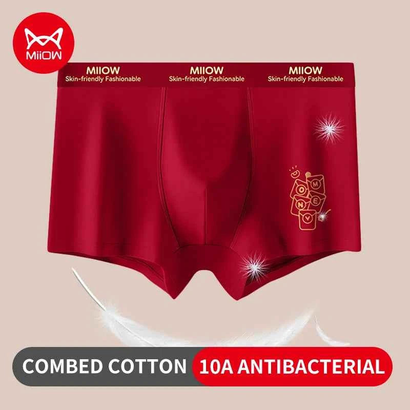 MiiOW 3Pcs Cotton Men Underwear Boxers 10A Antibacterial Crotch Men's Panties Breathable Man Underpants Lucky Red Boxers Briefs