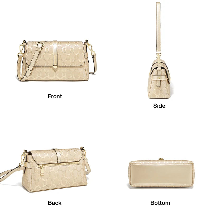 FOXER Split Leather Women's Shoulder Bag Luxury Female Crossbody Bag Fashion Monogram Gold Embossing Bag for Commute & Travel