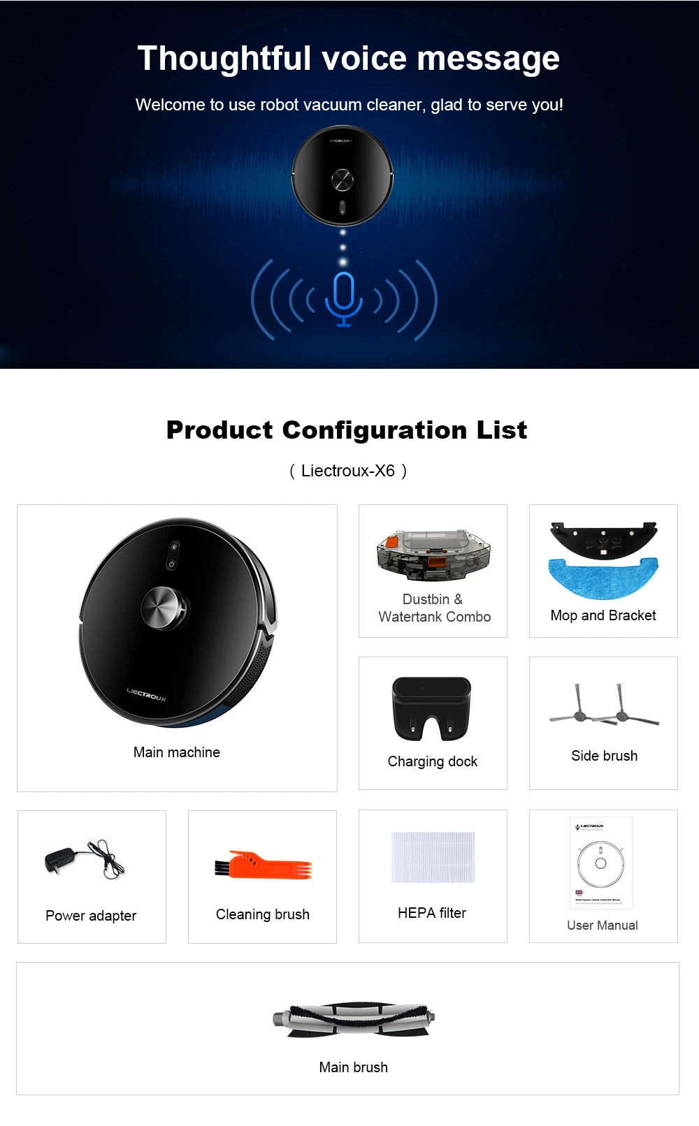 Liectroux Lilin X6 robot vacuum cleaner navigating hardwood floor with dustbin and sensors visible.