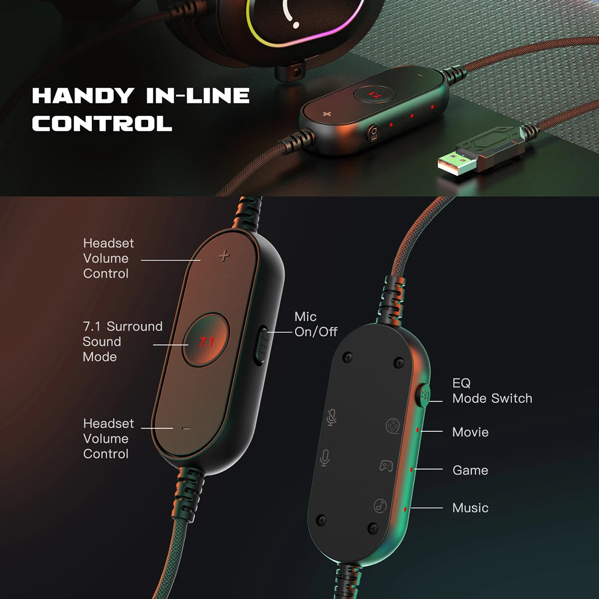 Fifine RGB Gaming Headset - Dynamic Over-Ear Headphones with 7.1 Surround Sound & Mic