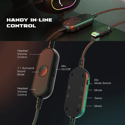 Fifine RGB Gaming Headset - Dynamic Over-Ear Headphones with 7.1 Surround Sound & Mic