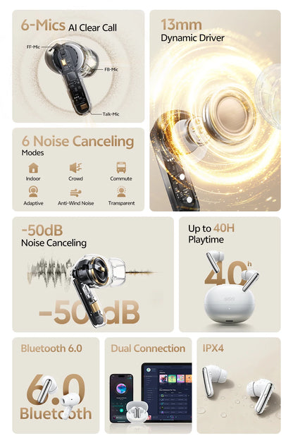 QCY MeloBuds N20 Earphones - Wireless Bluetooth 6.0 with 13mm Drivers and 50dB Adaptive Hybrid Noise Cancelling, 40Hrs Battery Life - ShopHub