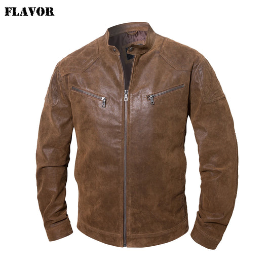 FLAVOR Men's Brown Leather Zip-Detail Jacket