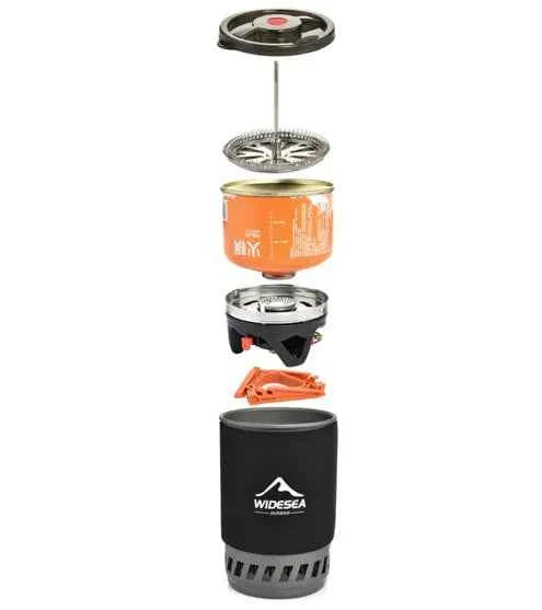 Portable Camping Coffee Maker Set - 0.9L French Press with Integrated Gas Stove System