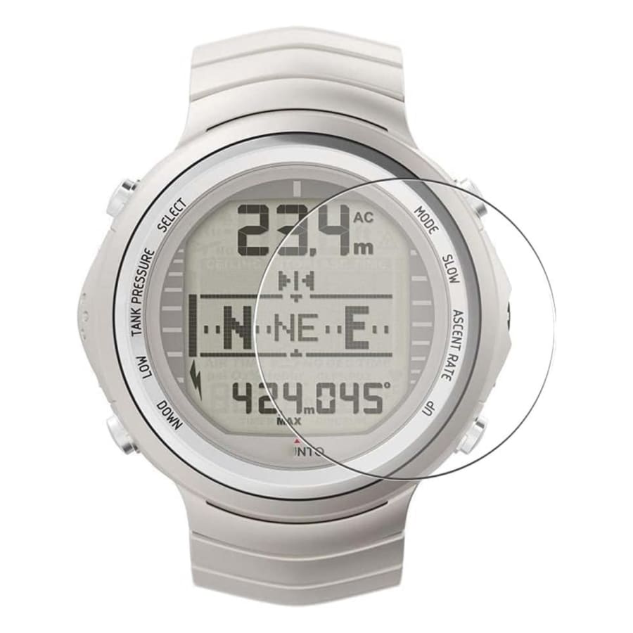 Clear screen protector for Suunto DX watch case, showing the fitted protective film on the watch face with precise cutouts.