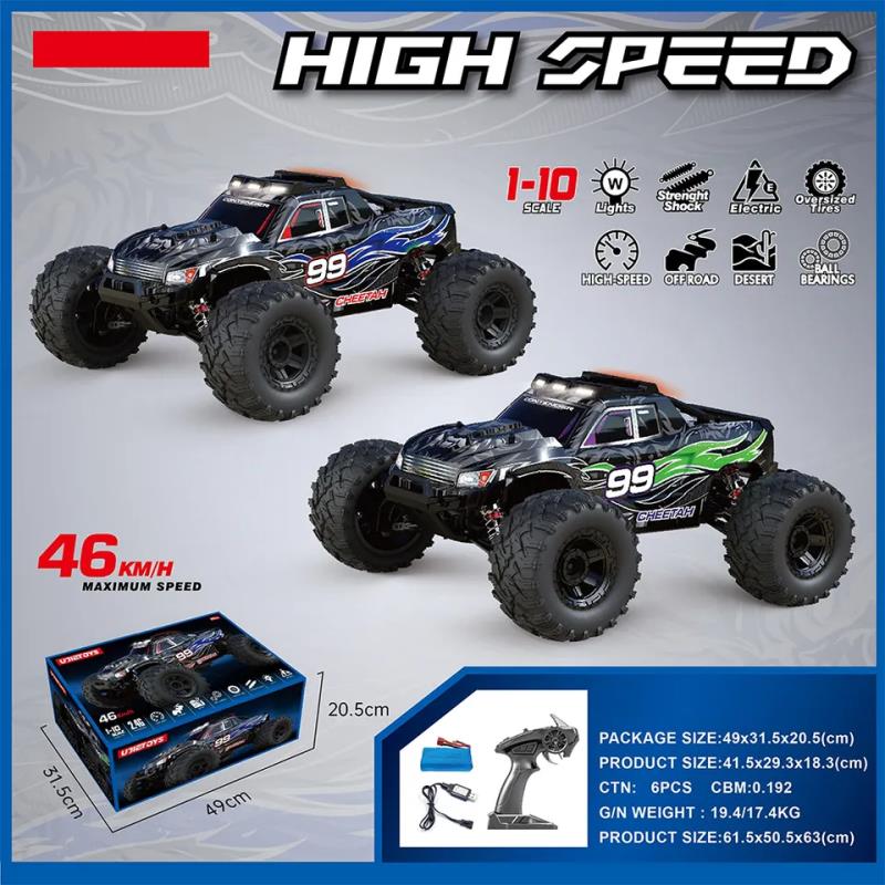 High-speed 4WD RC Truggy off-road vehicle in 1:10 scale with sleek design and rugged tires for off-road racing.