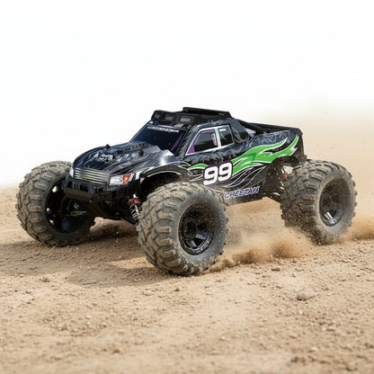 Red 1:10 scale 4WD high-speed RC Truggy off-road vehicle with large tires and detailed body, designed for fast outdoor racing.