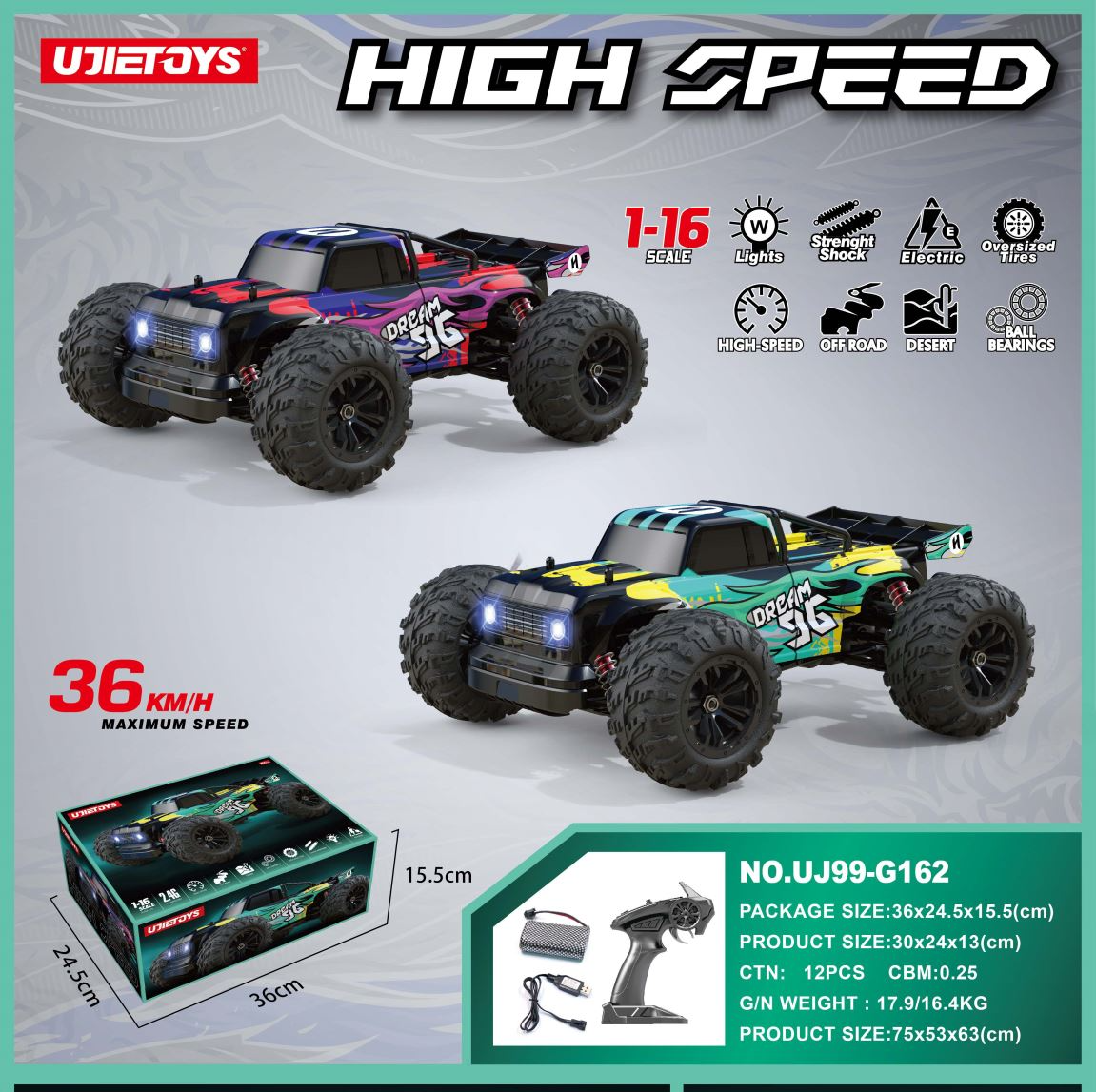 36km/H All Terrains 4WD Electric High Speed RC Truck Off-Road 1:16 Best Toy Gift dealonline.co.nz