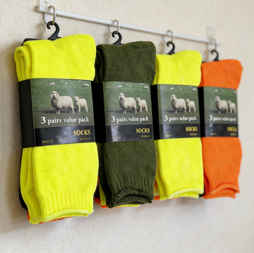 Set of 12 high visibility safety work socks by dealonline.nz, cushioned for comfort and durability in tough work environments.