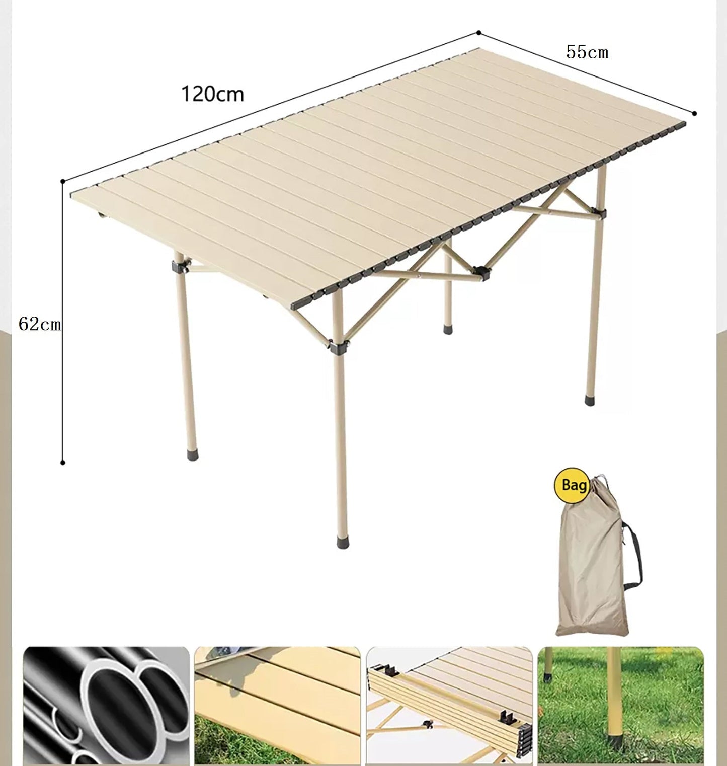 120 cm Portable Folding Camping Table – Roll-Up Outdoor Cooking & Picnic Table ECOTREK